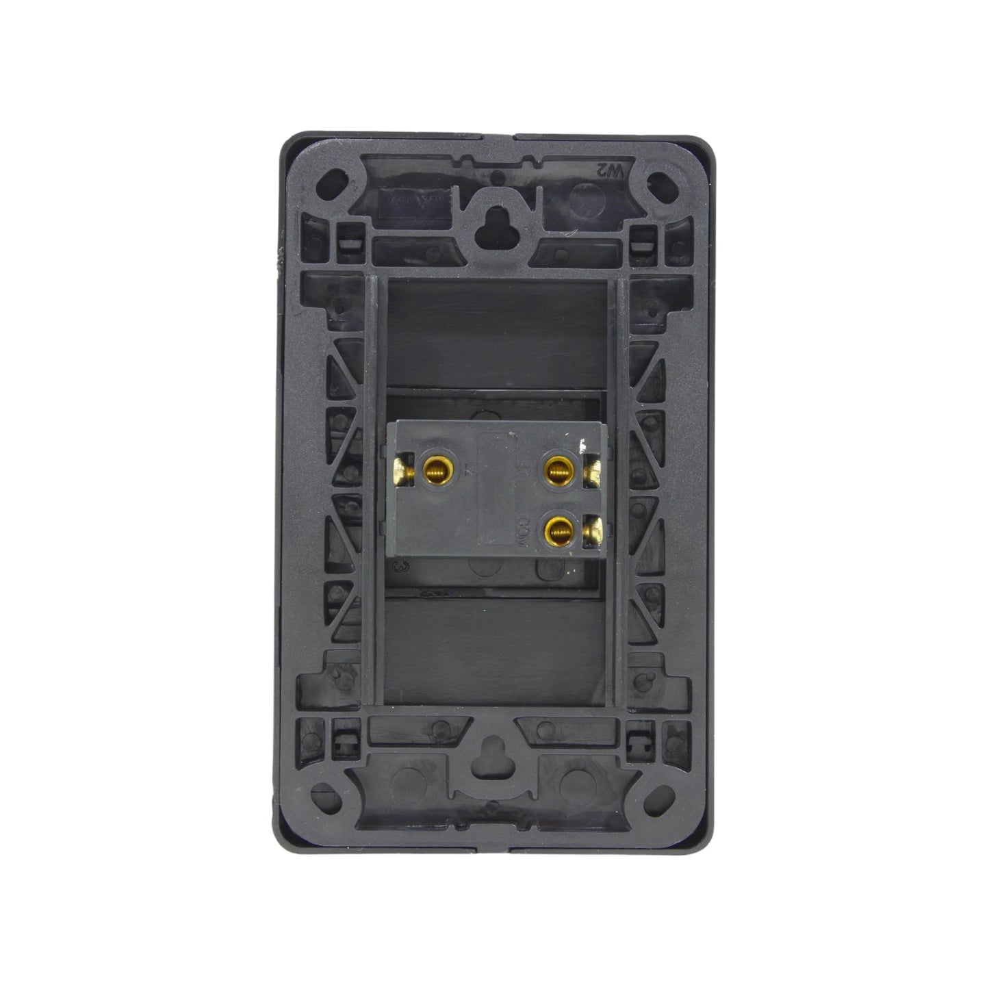 Placa posterior para interruptor de escalera negro con terminales de conexión y estructura de montaje