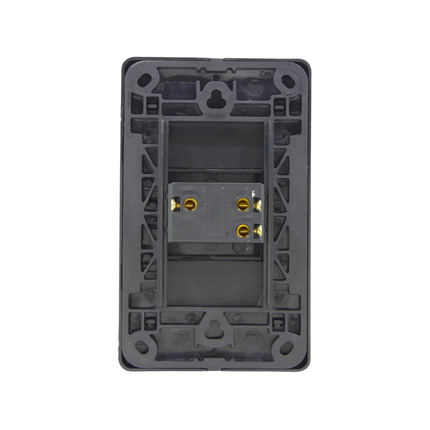 Placa posterior para interruptor de escalera negro con terminales de conexión y estructura de montaje