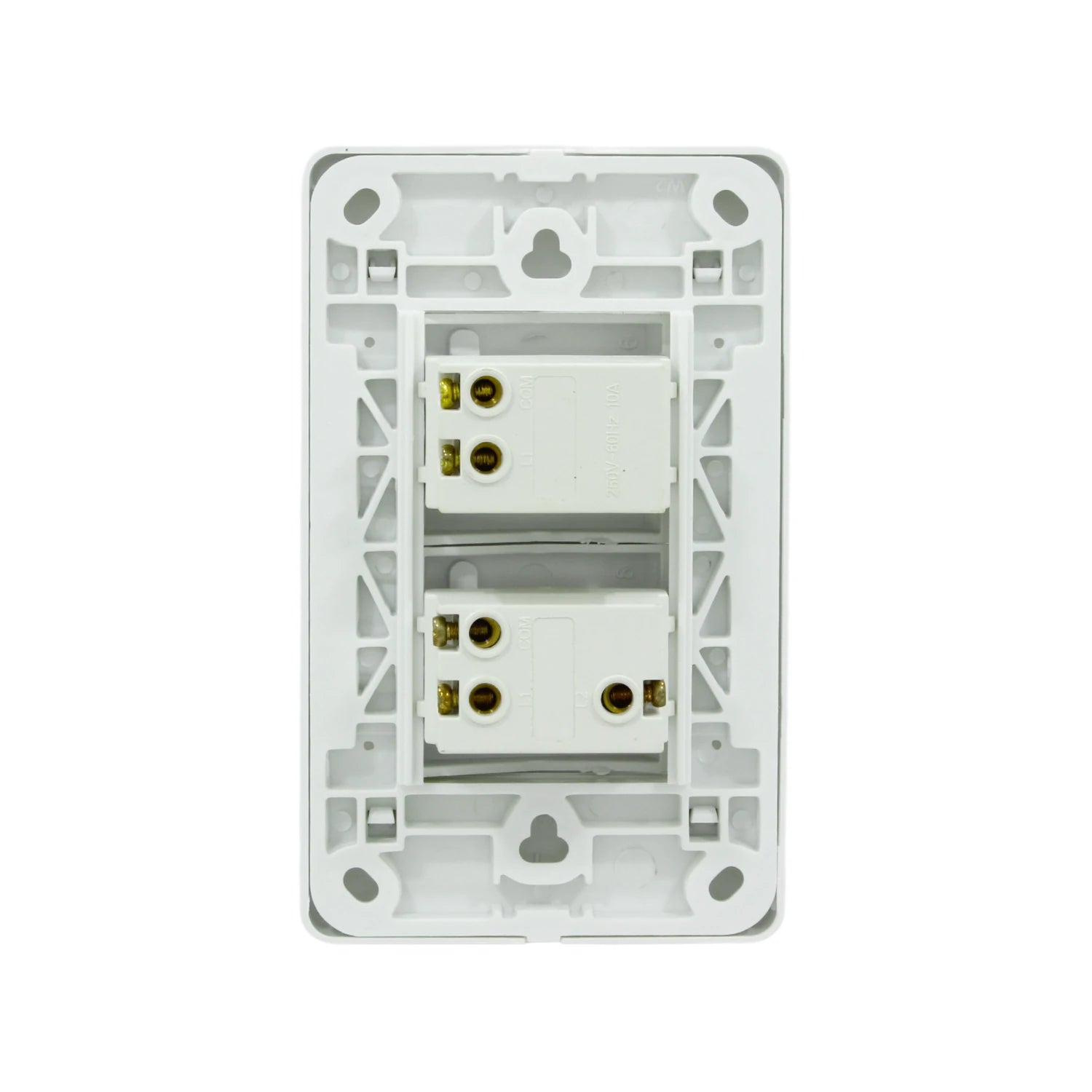 Apagador doble blanco, parte trasera con conexiones para dos interruptores de luz, 10A 250V.