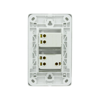 Apagador doble blanco, parte trasera con conexiones para dos interruptores de luz, 10A 250V.