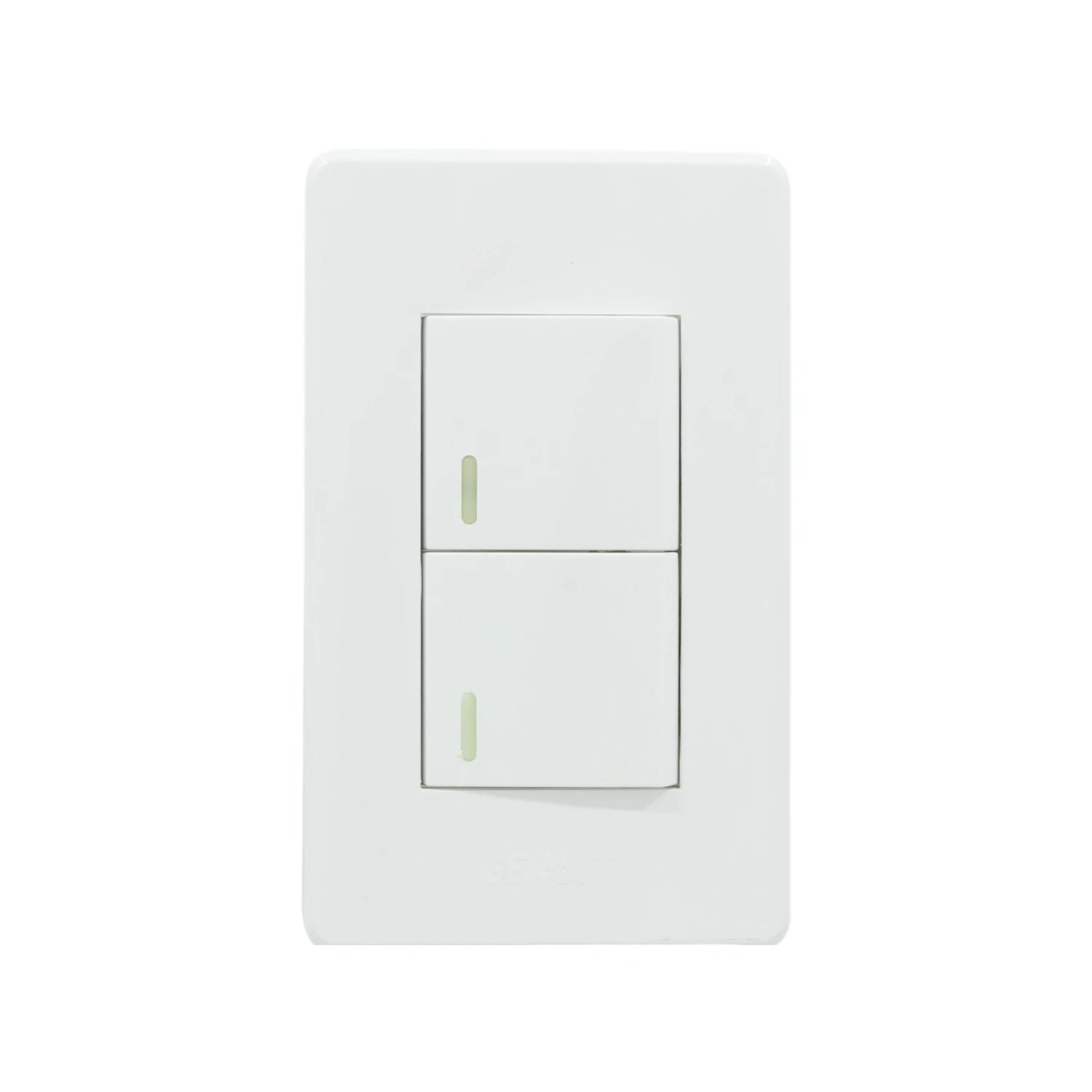 Placa Genlit blanca con dos apagadores de luz e indicadores luminosos verdes. Interruptor doble para pared.