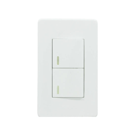 Fabricada de plástico ABS,Placa un apagador sencillo y un pagador escalera.,Indicador fluorescente.,250 V - 10 A – 60 Hz,NOM: NMX-J-005-ANCE-2015