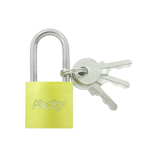 Candado Ferky amarillo, cuerpo de metal con grillete de acero y juego de tres llaves de seguridad.