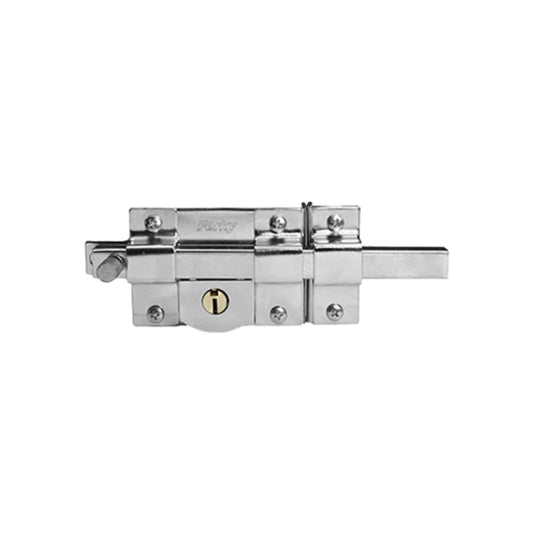 Cerradura de barra fija Ferky con llave, acabado cromado, ideal para seguridad en puertas y portones.