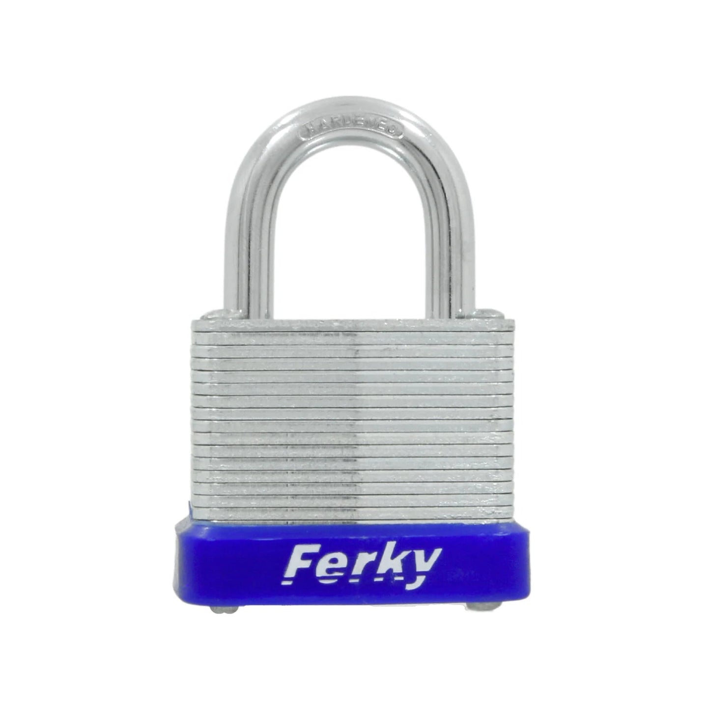 Candado laminado Ferky con grillete endurecido, cuerpo metálico plateado y base protectora azul para seguridad.