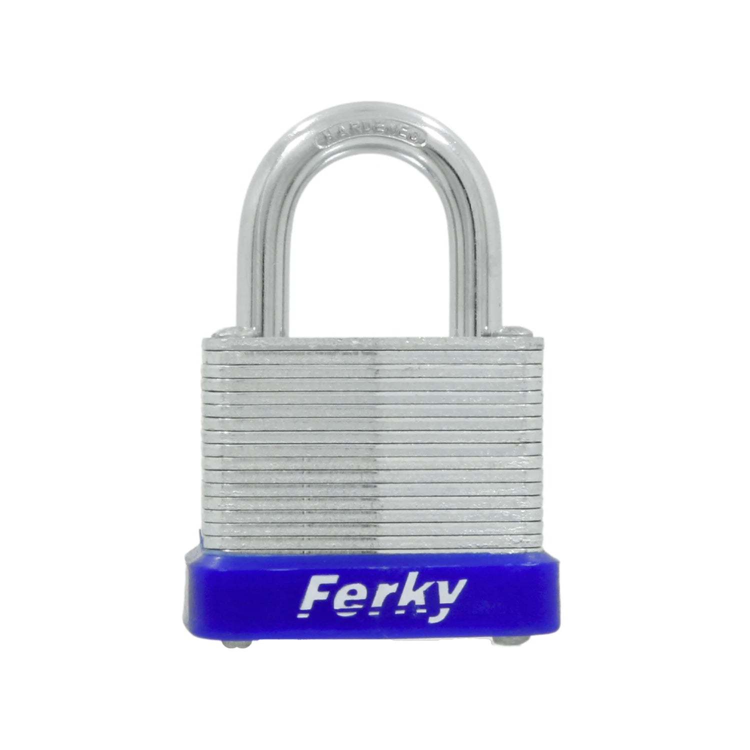 Candado laminado Ferky con grillete endurecido, cuerpo metálico plateado y base protectora azul para seguridad.