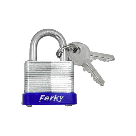 Candado laminado Ferky 30mm con gancho corto y llaves, base protectora azul para seguridad.
