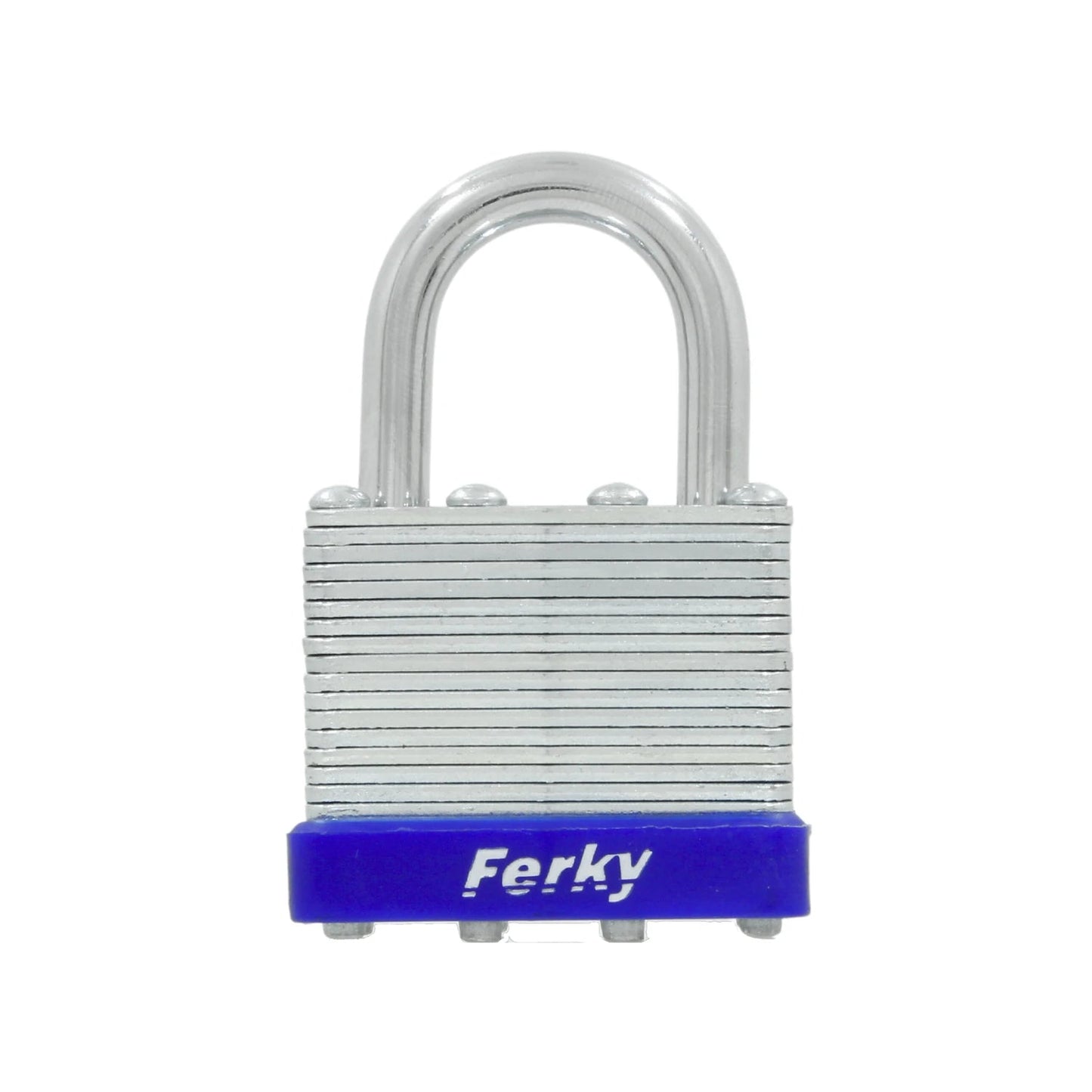 Candado de seguridad laminado Ferky con gancho corto cromado y base azul