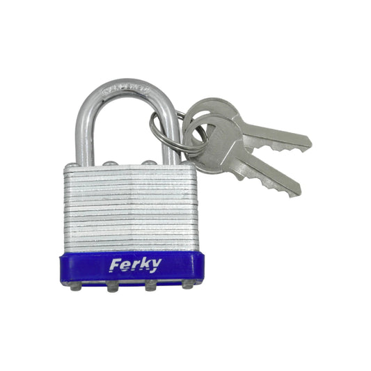 Candado laminado Ferky 40mm gancho corto, cuerpo plateado y base azul, incluye 2 llaves de seguridad.