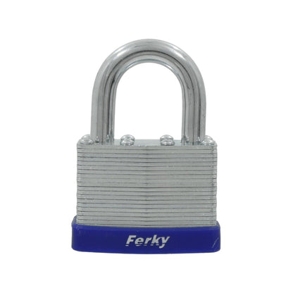 Candado laminado Ferky 50mm con gancho corto y base azul para seguridad