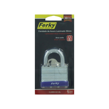 Candado Ferky laminado de acero 50mm con gancho corto, plateado con base azul para alta seguridad.