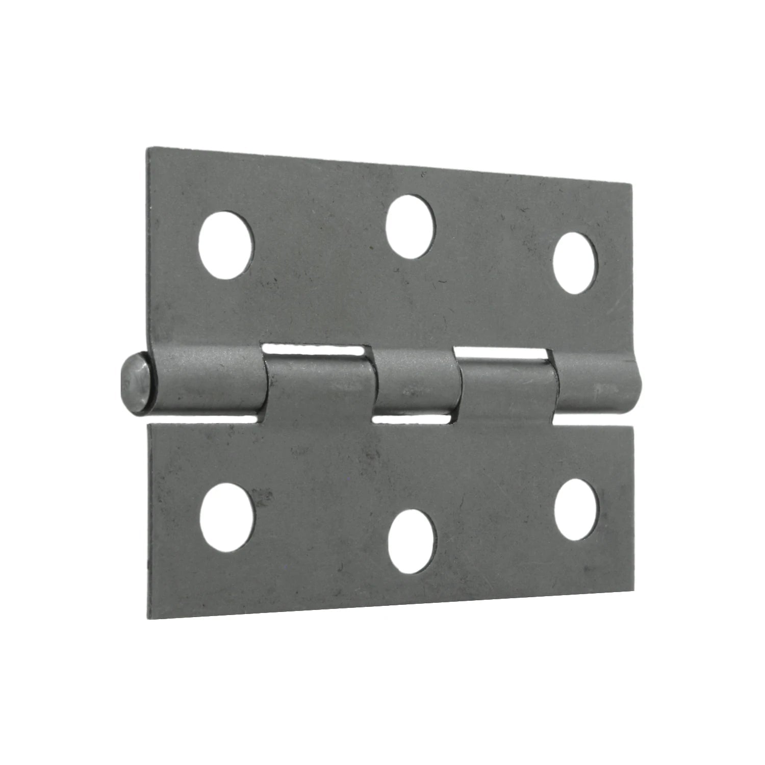 Bisagra de acero satinado de 2.5 pulgadas, herraje para puerta o gabinete con acabado gris metálico.