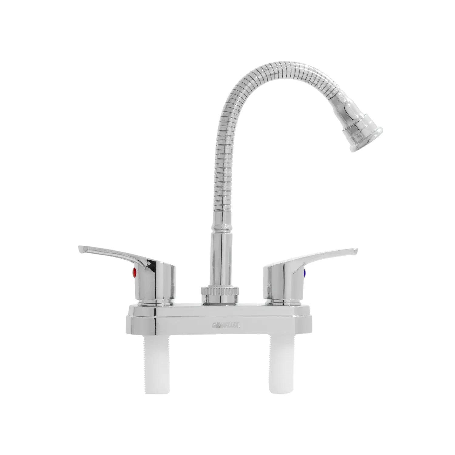 Mezcladora Genflux para fregadero cromada con cuello flexible tipo ganso y doble maneral de palanca.