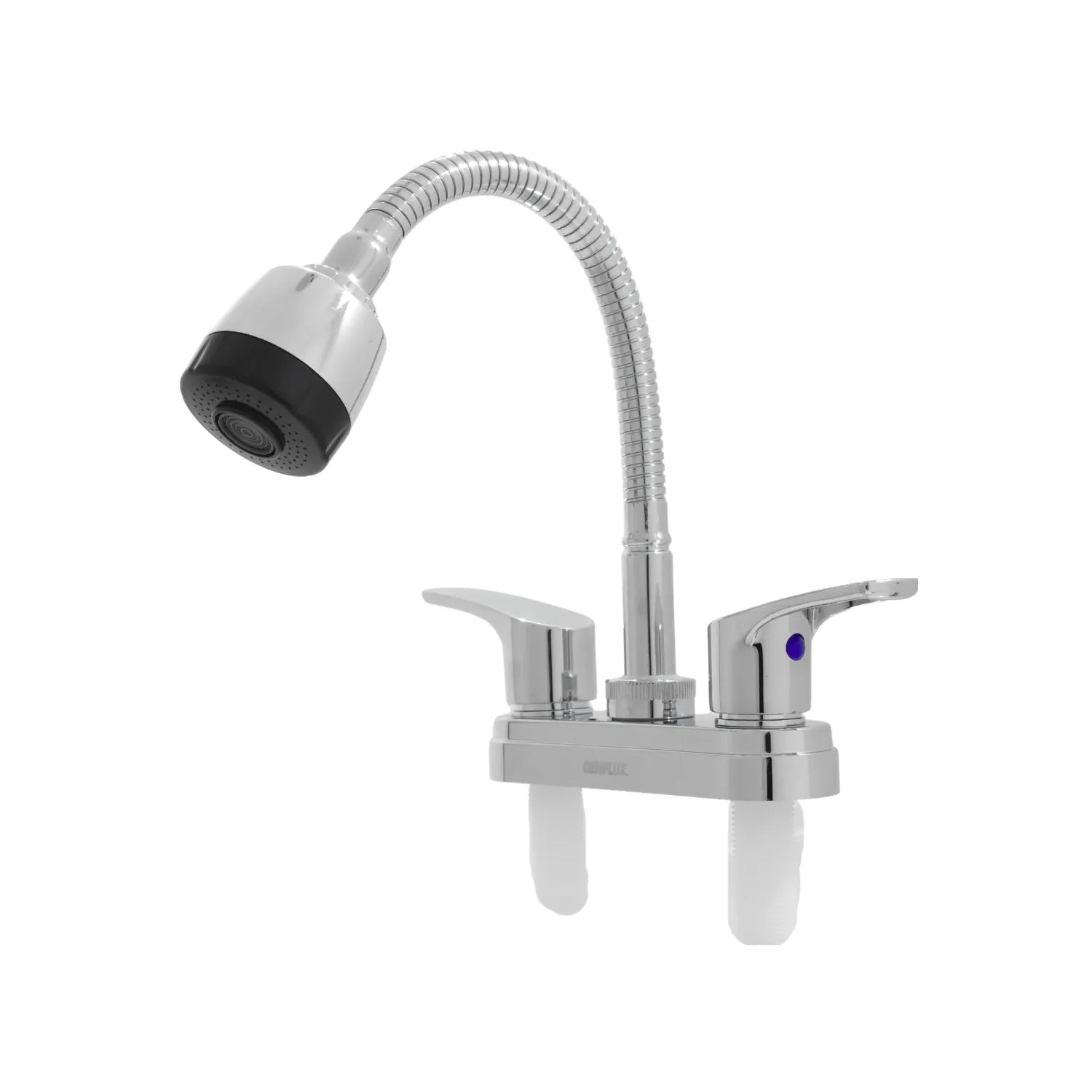 Mezcladora para fregadero cromada con cuello flexible y doble manija marca Genflux para cocina