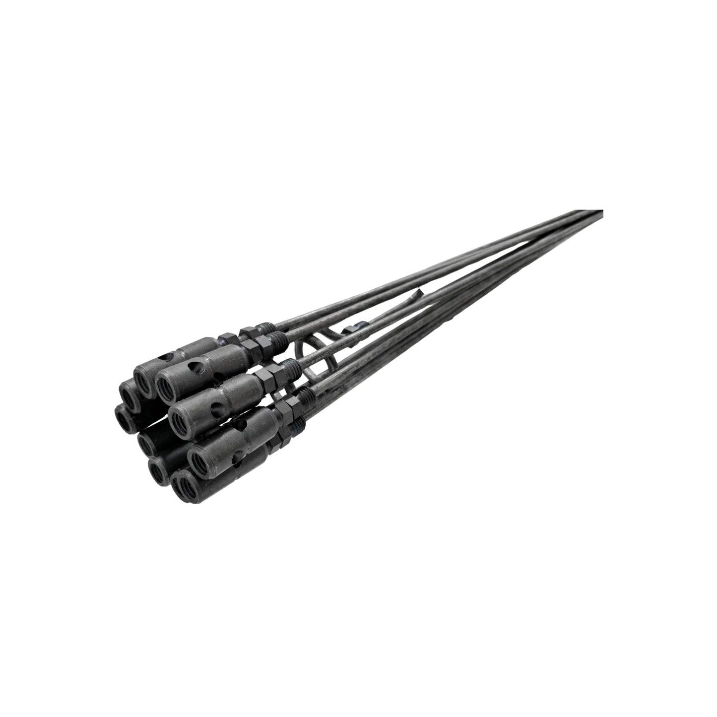 Varillas de desazolve para limpieza de tuberías, gris oscuro, con conectores roscados resistentes.