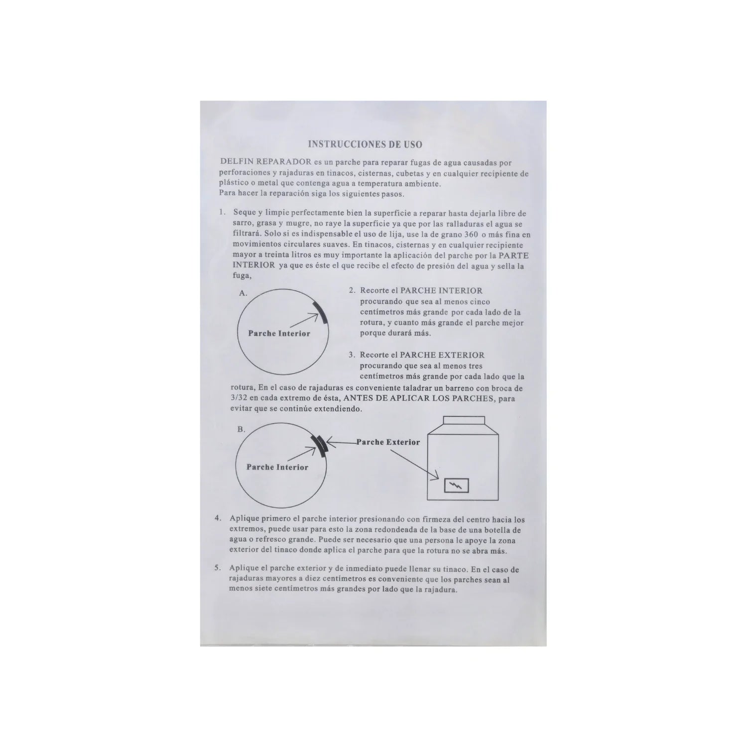 Guía de aplicación para parche reparador Delfín. Sella fugas, grietas y perforaciones en tinacos y cisternas.