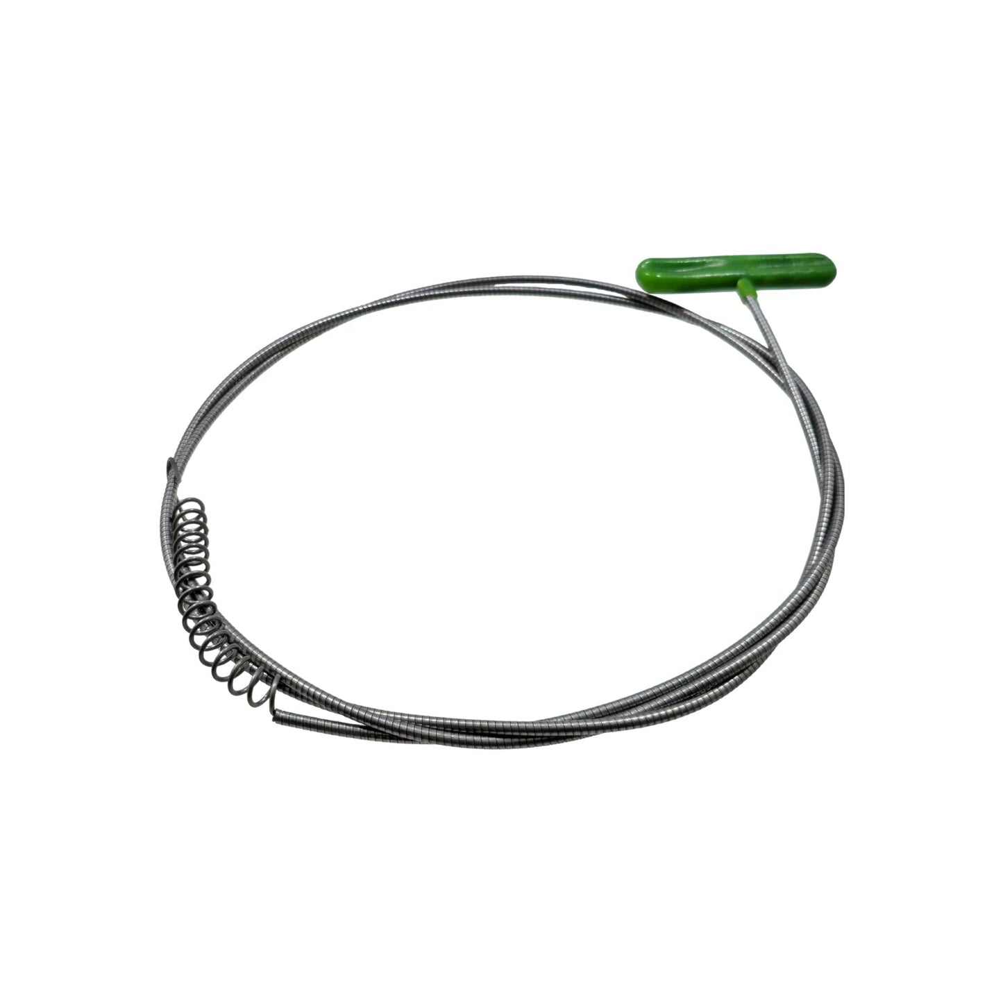 Destapacaños sonda flexible de 1.65m con cable de acero y mango verde ergonómico para limpiar tuberías.