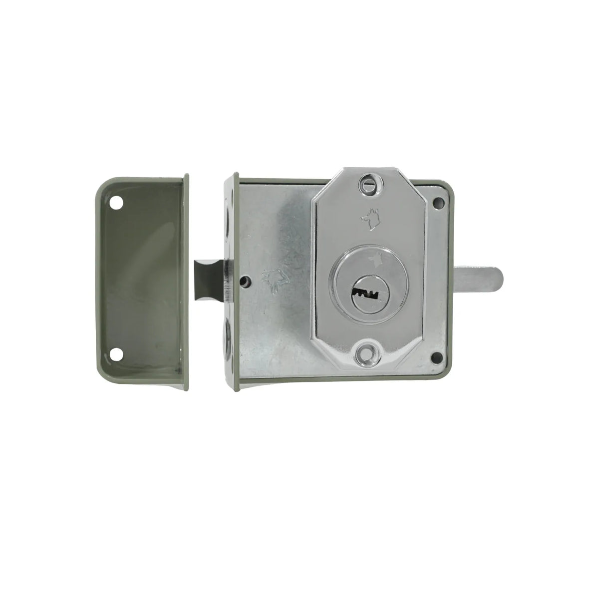 Cerradura de sobreponer gris con cilindro de llave y recibidor para seguridad de puertas de madera o metal