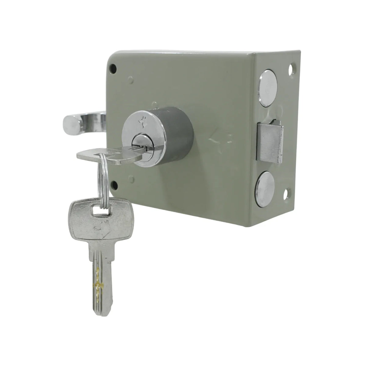 Cerradura de sobreponer gris con llaves de punto de alta seguridad para puertas de madera o metal.