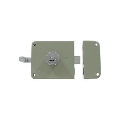 Cerradura de sobreponer color gris con cilindro de seguridad y recibidor para puertas de madera o metal.