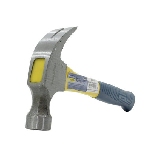 Martillo de garra curva Tramontina 16 oz, cabeza de acero, mango ergonómico amarillo y gris de fibra de vidrio.