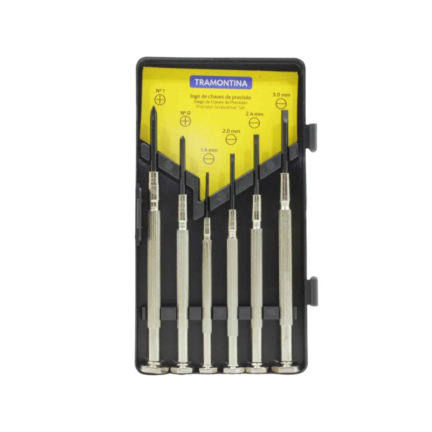 Barra Fabricada de acero al carbóno.,Mangos estriados.,Cabeza giratoria.,Ideal para joyas, relojes, juguetes y electrónica.,Compuesto de 6 desarmadores:,4 planos de 1.4 mm, 2.0 mm, 2.4 mm y 3.0 mm, 2 Phillips de # 0 y # 1