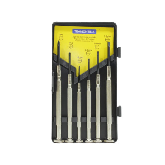 Barra Fabricada de acero al carbóno.,Mangos estriados.,Cabeza giratoria.,Ideal para joyas, relojes, juguetes y electrónica.,Compuesto de 6 desarmadores:,4 planos de 1.4 mm, 2.0 mm, 2.4 mm y 3.0 mm, 2 Phillips de # 0 y # 1