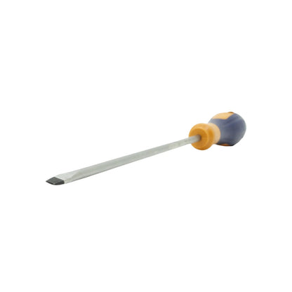 Desarmador plano con mango bicolor azul y amarillo, herramienta para tornillos ranurados