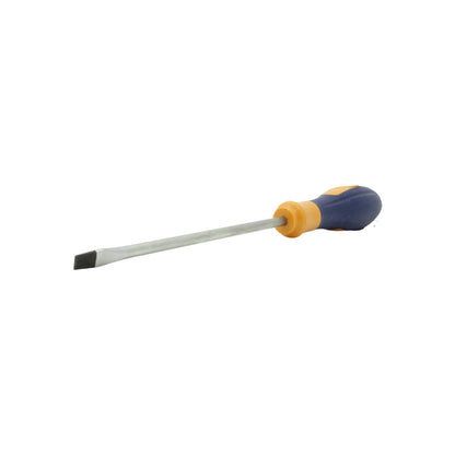 Desarmador plano de punta ranurada, mango bimaterial azul y amarillo, herramienta manual para tornillos de ranura
