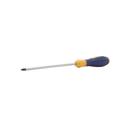 Desarmador de cruz Phillips con mango bicolor azul y amarillo, herramienta manual para atornillar.