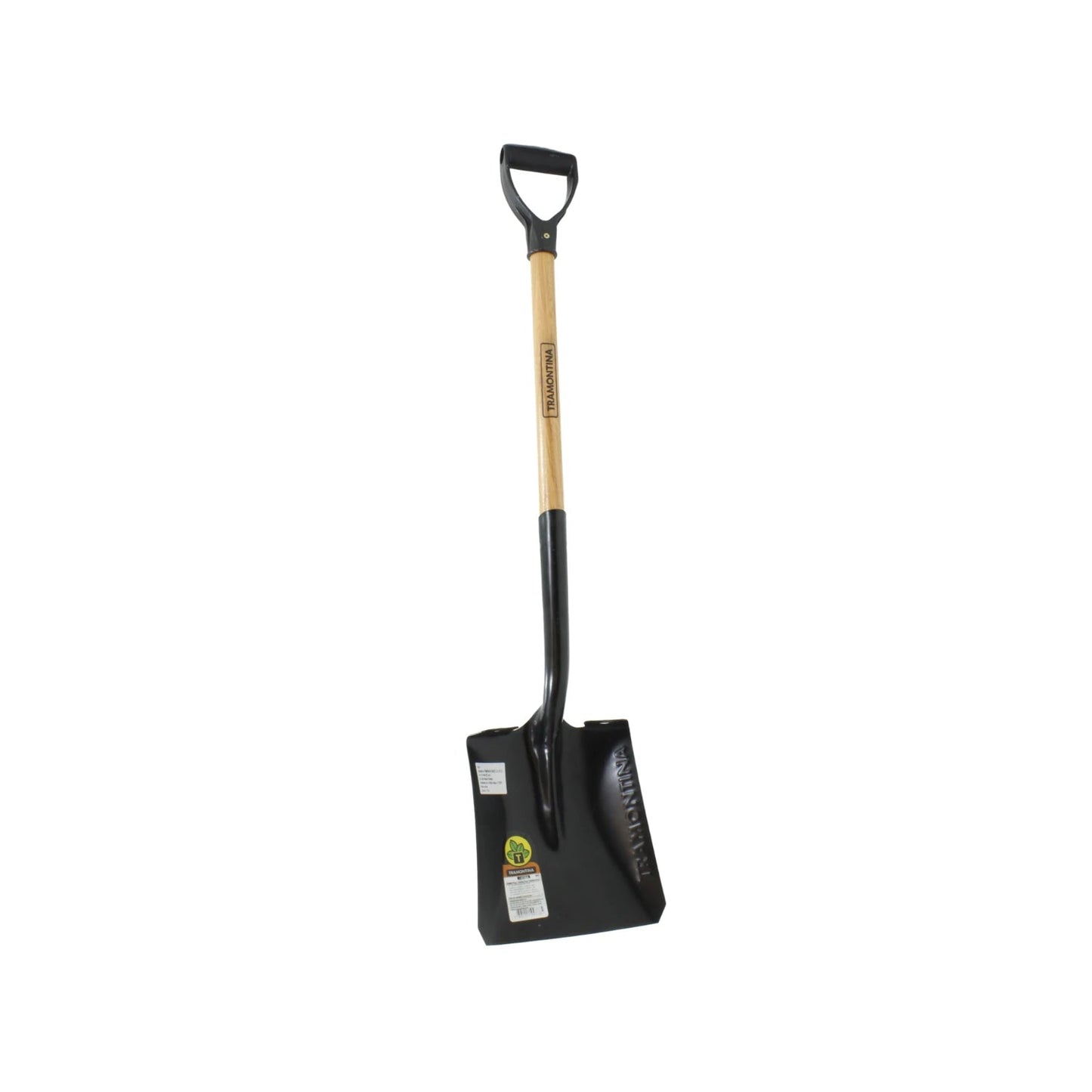 Pala cuadrada Tramontina negra con mango de madera, puño D de plástico. Ideal para jardinería y construcción.