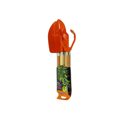 Kit de jardinería Tramontina 3 piezas con palas y rastrillo de mano, mangos de madera y partes metálicas naranjas.