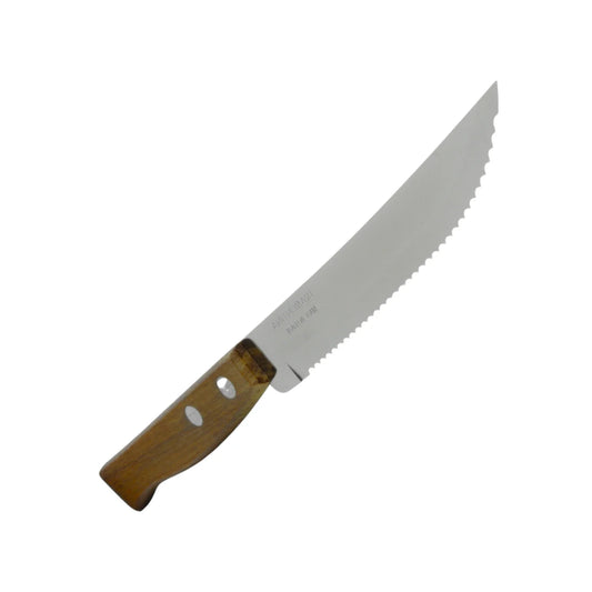 Hoja forjada en acero al carbóno.,Tipo sierra.,Mango de madera fijado con remaches de aluminio.,Ideal para filetear cortes gruesos o delgados de carne, pan y queso.