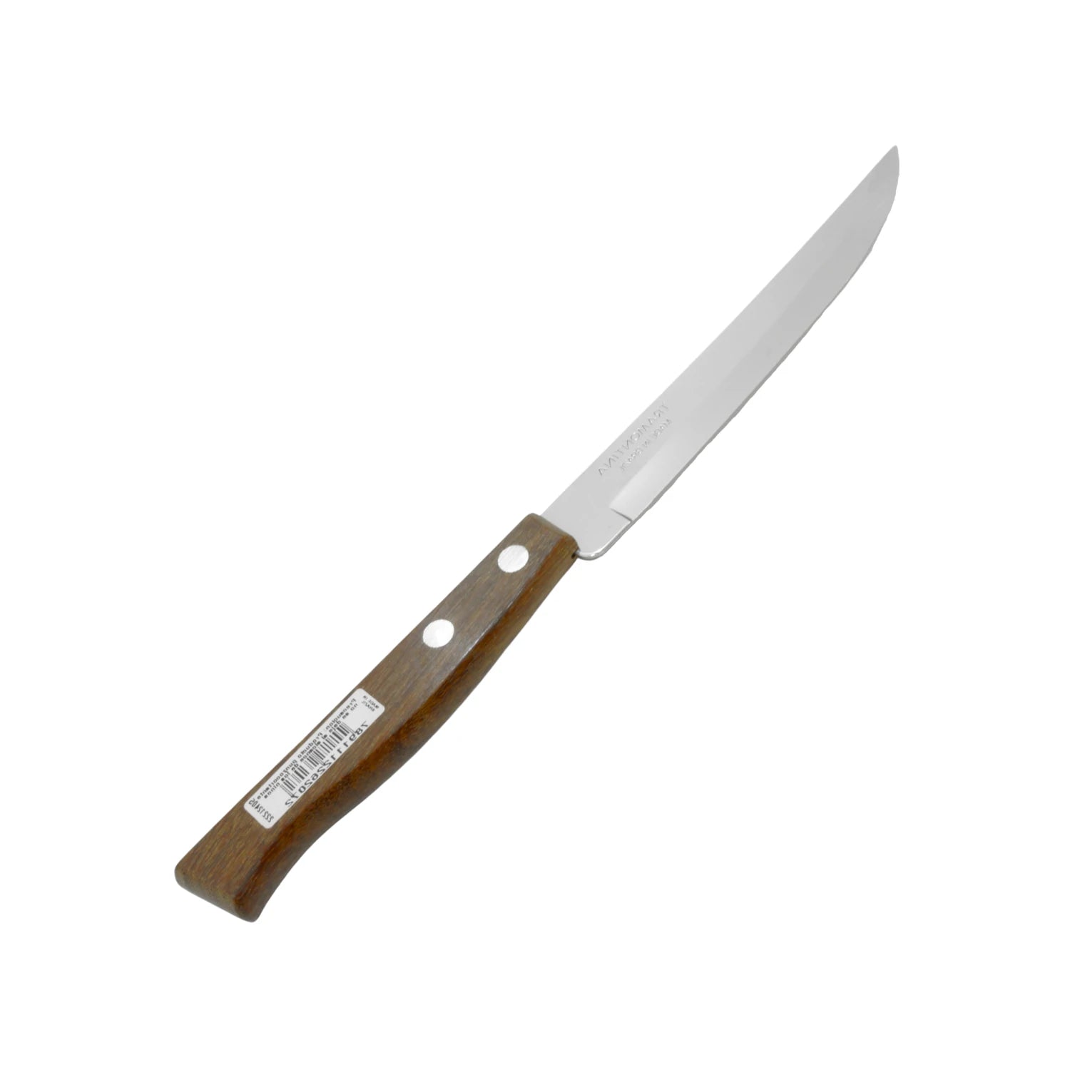 Cuchillo de mesa liso Tramontina con mango de madera café y hoja de acero inoxidable.