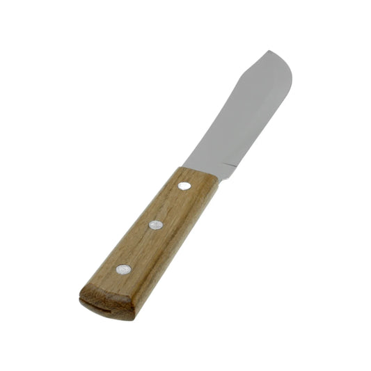 Hoja forjada en acero inoxidable.,Tipo liso.,Mango de madera fijado con remaches de aluminio.,Ideal para cocina (uso cacero).