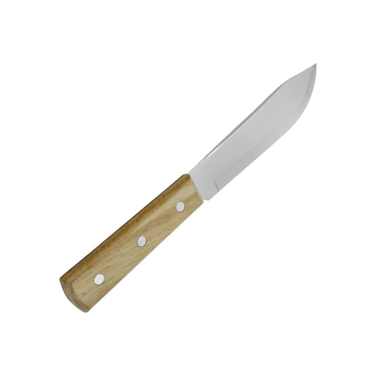 Hoja forjada en acero inoxidable.,Tipo liso.,Mango de madera fijado con remaches de aluminio.,Ideal para cocina (uso cacero).