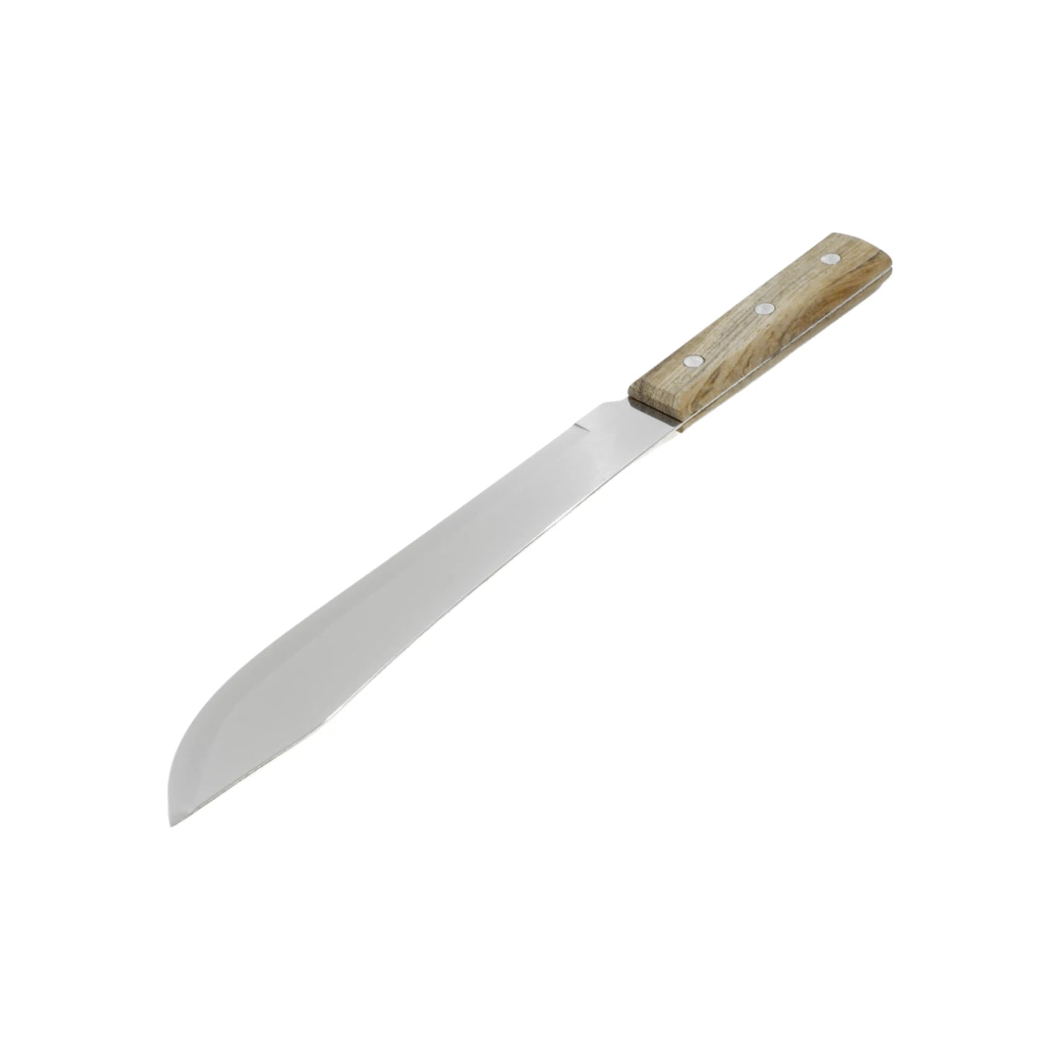 Cuchillo de hoja lisa y brillante de acero inoxidable, con mango de madera claro y remaches plateados.