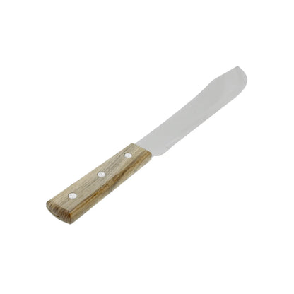 Hoja forjada en acero inoxidable.,Tipo liso.,Mango de madera fijado con remaches de aluminio.,Ideal para cocina (uso cacero).