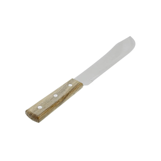Hoja forjada en acero inoxidable.,Tipo liso.,Mango de madera fijado con remaches de aluminio.,Ideal para cocina (uso cacero).
