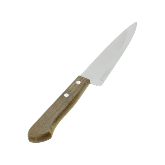 Hoja forjada en acero inoxidable.,Tipo liso.,Mango de madera fijado con remaches de aluminio.,Desbaste en forma de "V" que asegura un corte confiable.