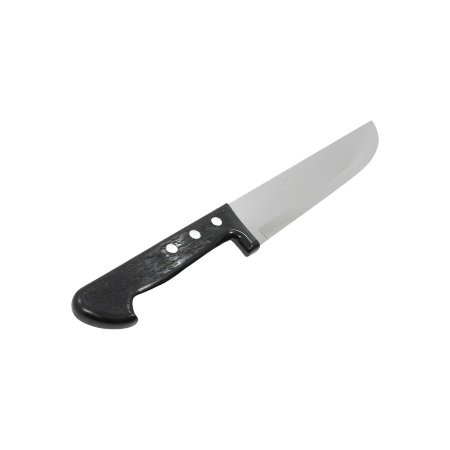 Cuchillo Tramontina 8" liso de acero inoxidable con mango de plástico negro, para cocina.