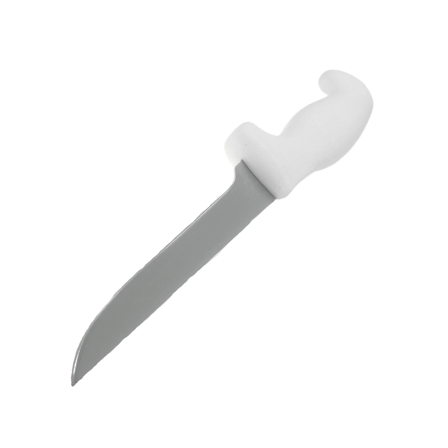 Cuchillo para deshuesar con mango blanco ergonómico y hoja gris curva. Herramienta de corte para cocina o ferretería.