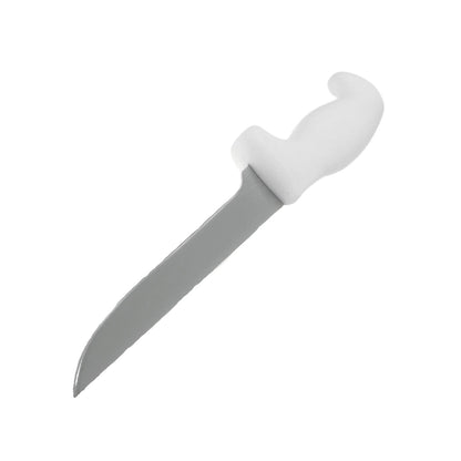 Cuchillo para deshuesar con mango blanco ergonómico y hoja gris curva. Herramienta de corte para cocina o ferretería.