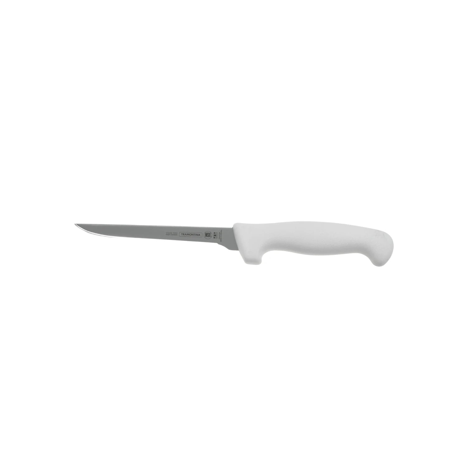 Cuchillo Tramontina profesional para deshuesar con mango blanco ergonómico y hoja de acero inoxidable NSF.