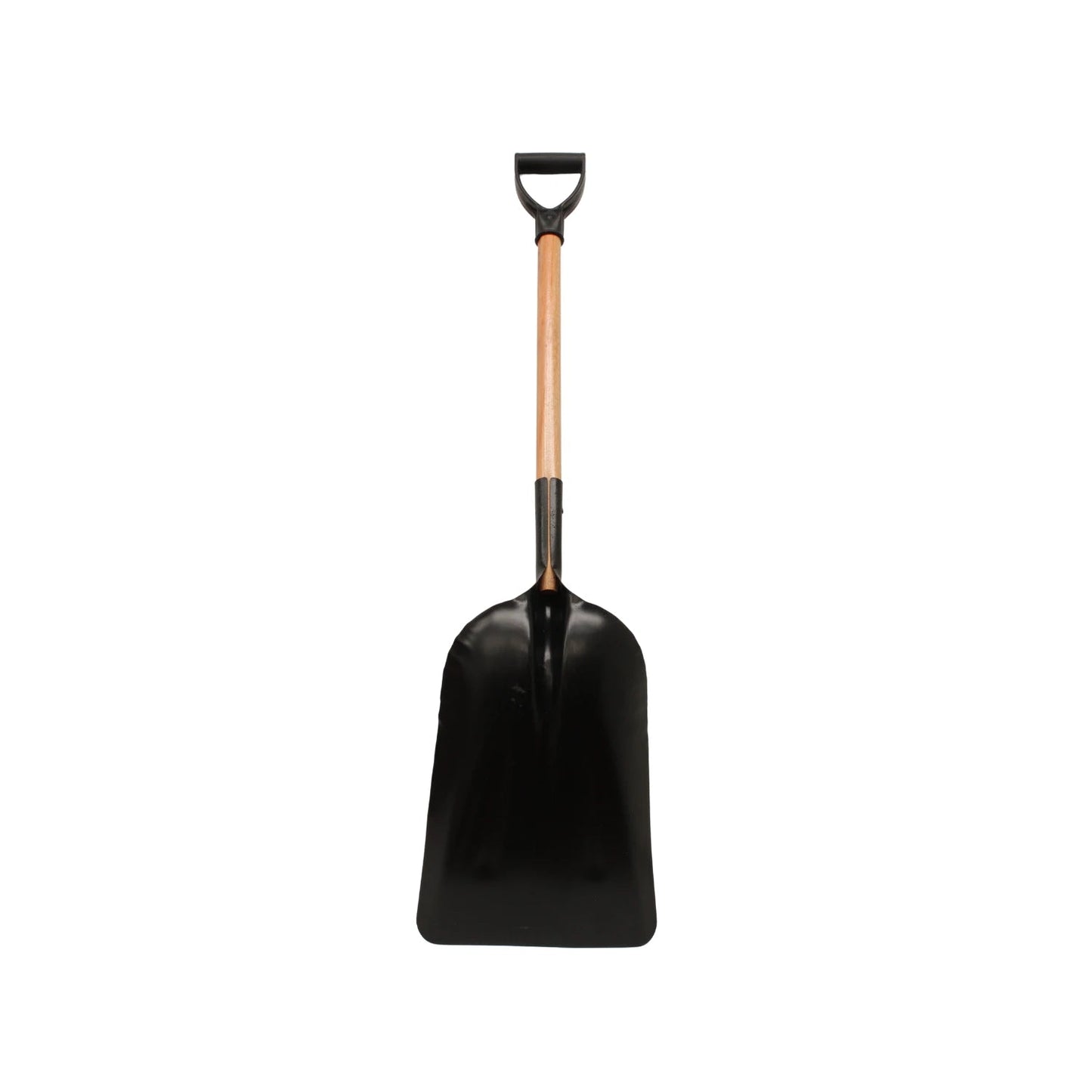 Pala carbonera negra de acero con mango de madera tipo D, ideal para carbón, nieve, arena y granos.