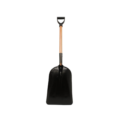 Pala carbonera negra de acero con mango de madera tipo D, ideal para carbón, nieve, arena y granos.