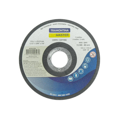 Disco de corte Tramontina Master gris 4 1/2" para amoladora, acero inoxidable y metal.