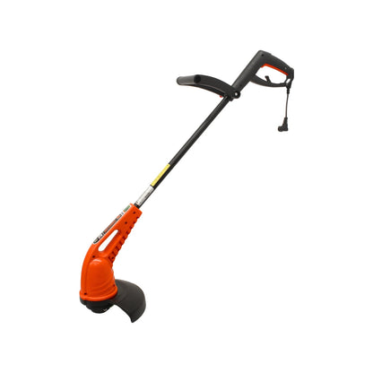 Desbrozadora eléctrica de jardín naranja y negra, con mango ergonómico y protector de césped