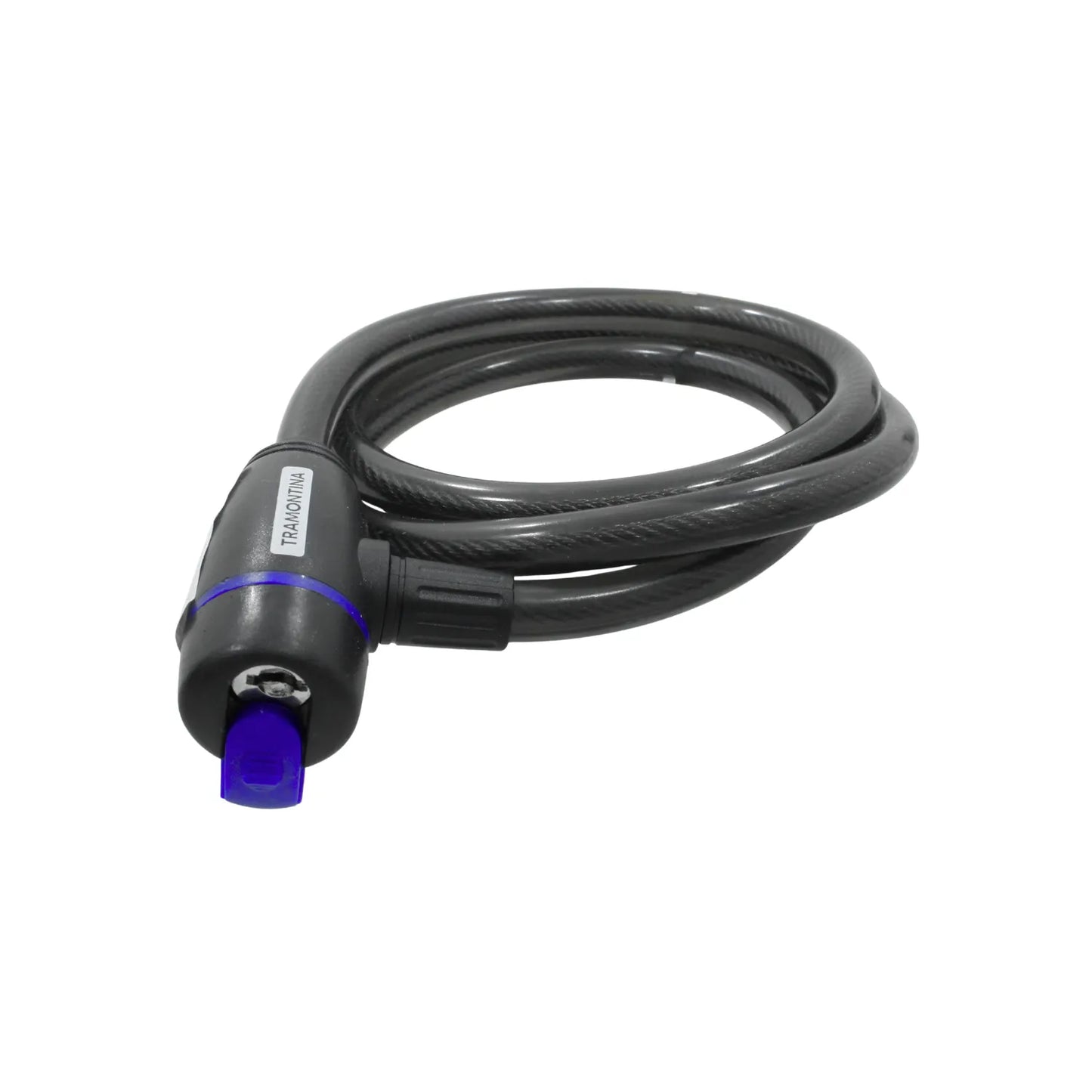 Candado de cable TRAMONTINA enrollado gris oscuro con llave azul, resistente para bicicletas y seguridad.