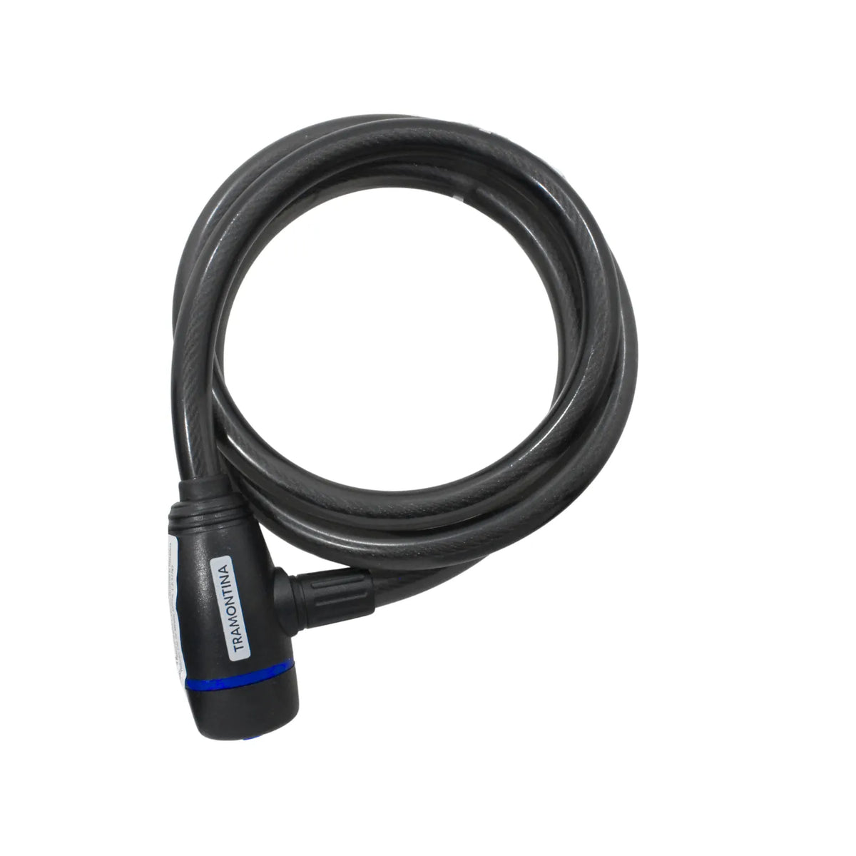 Candado de cable flexible para bicicleta Tramontina, negro con detalle azul, seguridad antirrobo.